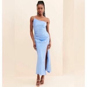Line‎ + dot one shoulder ruched midi blue dress with slit, size M